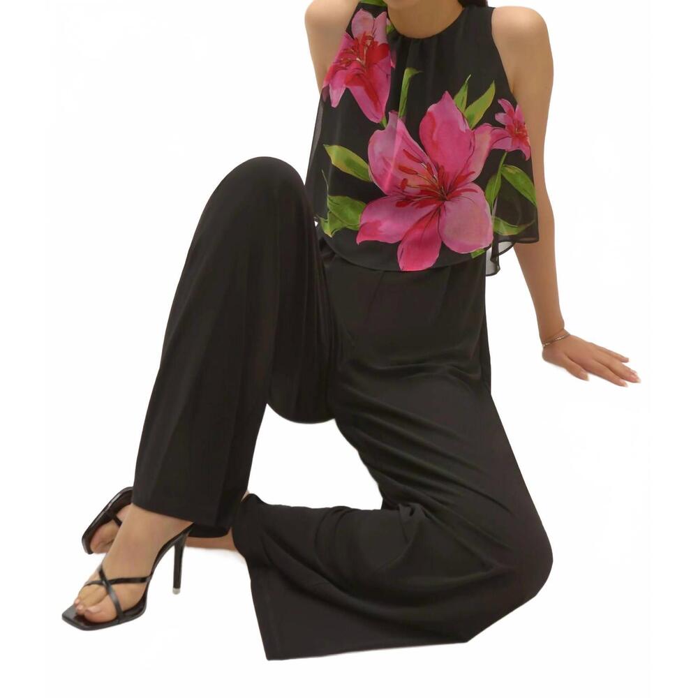 NEW JOSEPH RIBKOFF floral chiffon wide leg jumpsuit in black/multi - Picture 4 of 4